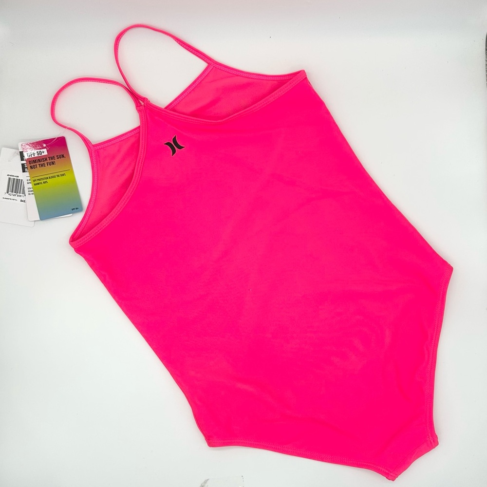 Hurley Big Girl's L 12/14 Bright Neon Pink Swimsuit 1 Pc Halter Tank Swim Beach - Picture 2 of 6